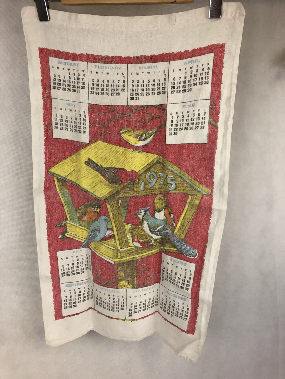 1975 Calendar Kitchen Linen Cotton Towel Bird Feeder Blue Jay Cardinal Chickadee